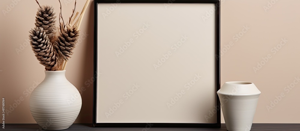 Poster beige background with an empty black picture frame featuring a pinecone and vase providing copy spac