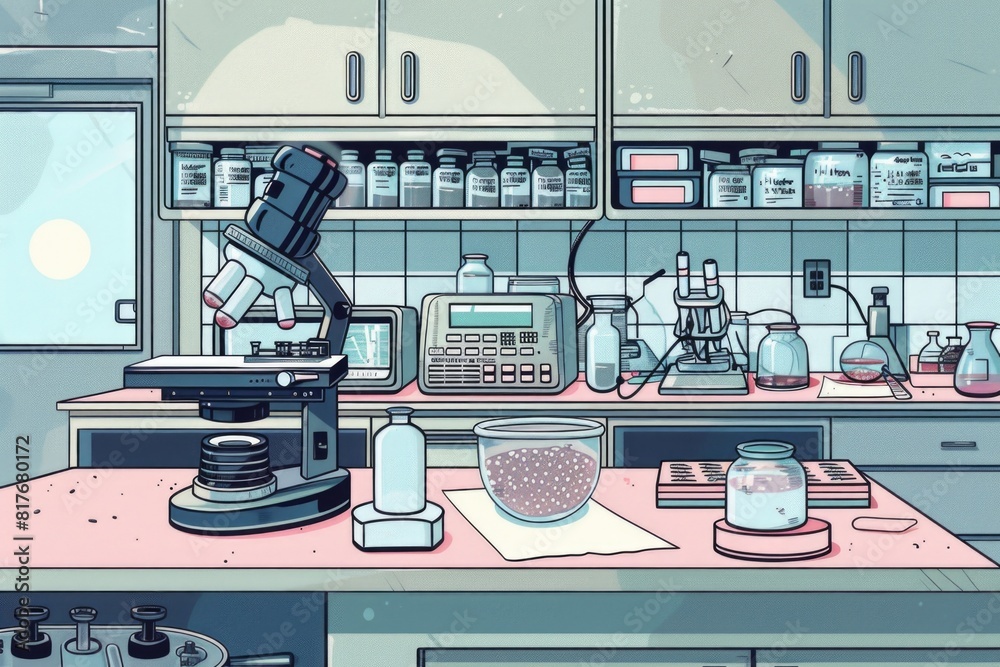 Poster a kitchen with a microscope on the counter. ideal for scientific and educational concepts