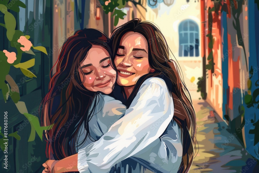 Poster a touching image of two women embracing. suitable for various projects