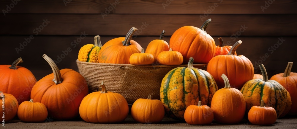 Poster A copy space image of fall pumpkins neatly arranged in a rustic straw basket