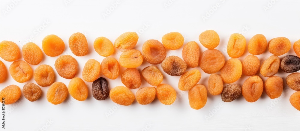 Poster A white background with a top view of dried apricots arranged in a neat line leaving a copy space for your text