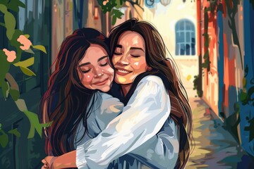 A touching image of two women embracing. Suitable for various projects