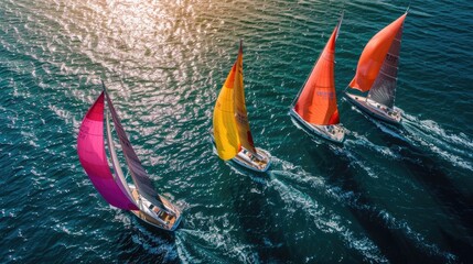 Poster Sailboats with colorful sails racing on the ocean at sunset. Aerial view of marine regatta