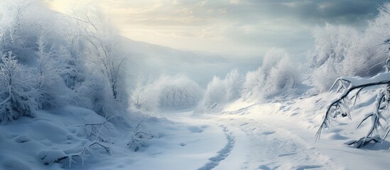 Obraz na płótnie Canvas A path meanders through a snowy terrain guiding the way into a serene forest. Creative banner. Copyspace image