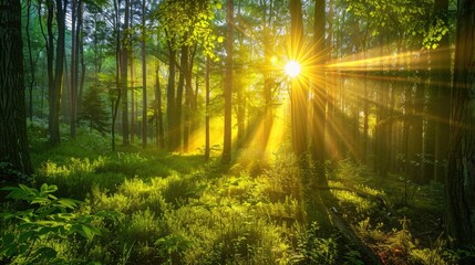Sunrise in a forest with sunbeams breaking through the trees. World Environment Day