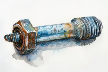 Detailed watercolor painting of a rusted bolt, ideal for industrial designs