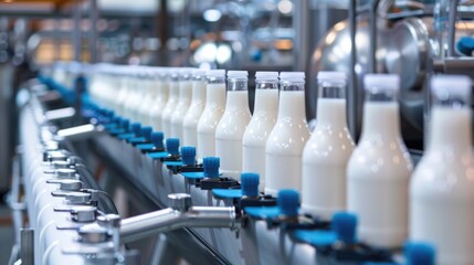 Obraz premium Automated dairy production line with bottled milk. Industrial photography. World Milk Day