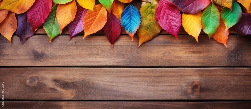 Aufkleber a rustic wooden background adorned with vibrant leaves offering a generous expanse of copy space for