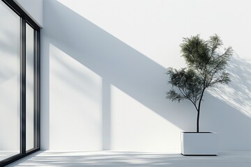 Illustration showcasing a sleek minimalist architectural design, featuring a large window with natural light and a single potted tree