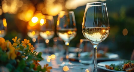 Friends toasting with wine glasses at an outdoor dinner party - Powered by Adobe