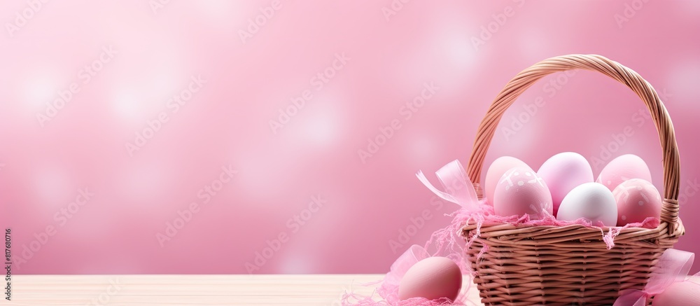 Poster A pink background with Easter eggs arranged in a wicker basket and a blank paper for the greeting Easter card providing copy space image