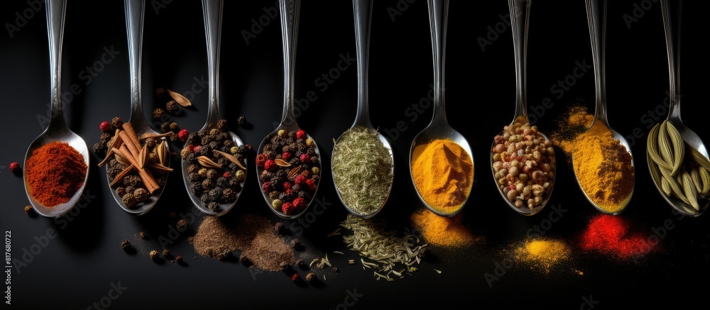 Poster different kinds of spices are displayed on old metal spoons against a black background in this copy 