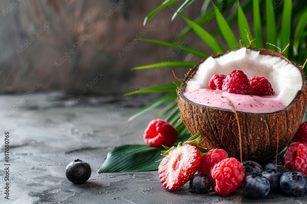 Poster Berry smoothie with coconut and berries on a rustic background