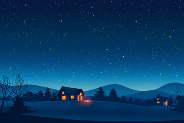 Minimalist illustration portraying a tranquil rural scene with a starfilled night sky, emanating a sense of peace and stillness