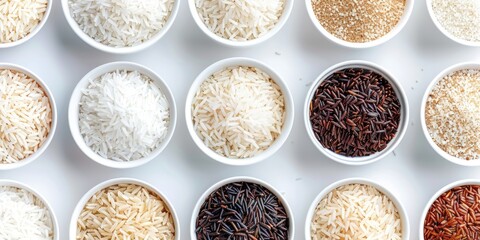 Assortment of various types of rice in white bowls on a white background.
