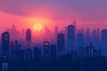 Fototapeta premium Stunning minimalist illustration of a cityscape silhouette against a vivid sunset sky, perfect for evening or urban themed designs