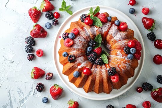 Berry topped bundt cake on white surface overhead view