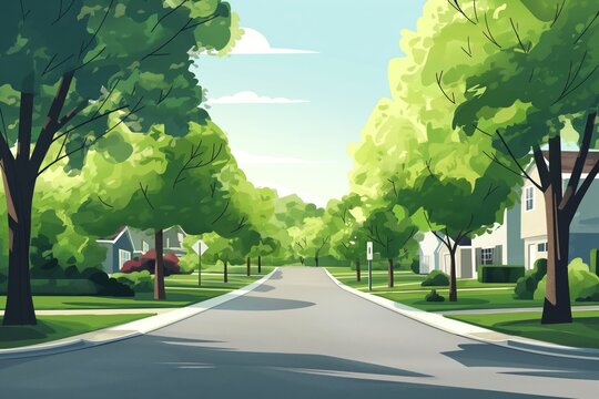 Minimalist illustration of a tranquil, treelined suburban street with clear skies, perfect for residential or neighborhood themed visual content