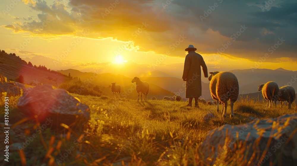 Aufkleber a man standing in a field surrounded by a herd of sheep. suitable for agricultural and farming conce