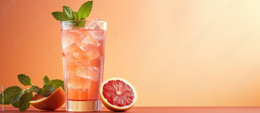 Aufkleber Beige background with a red refreshing drink featuring ice grapefruit and mint Copy space for text or design