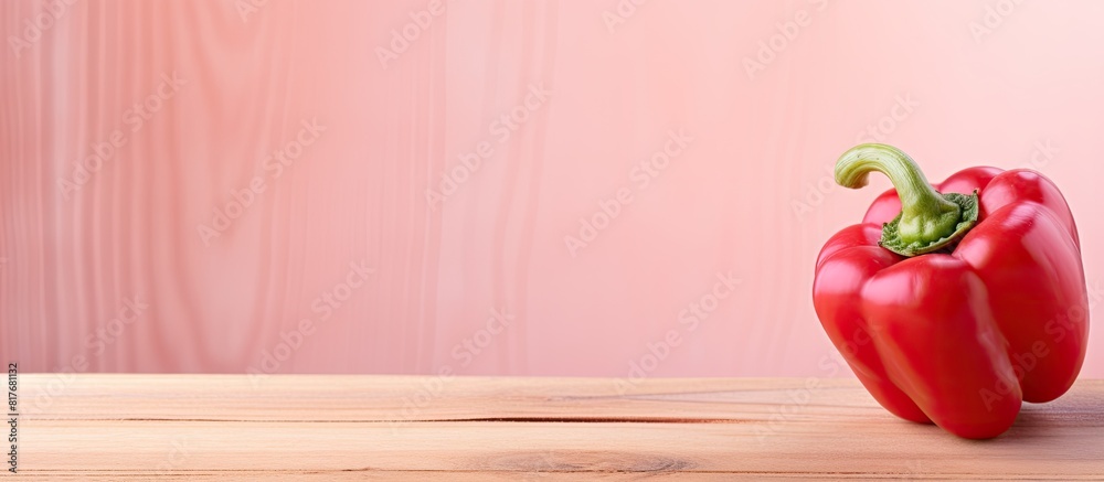 Poster a copy space image featuring a vibrant red pepper placed on a soft pink wooden backdrop