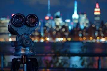 Binoculars overlooking NYC skyline with blurred lights