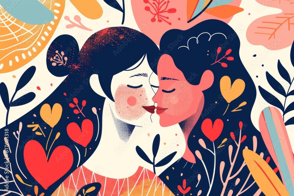 Poster two women standing next to each other. suitable for various concepts and themes