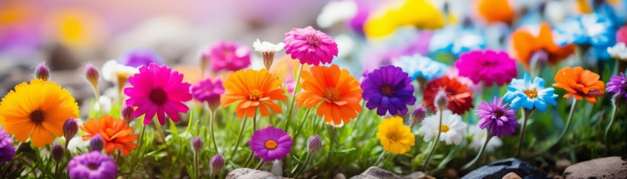 Generate an image of a field of flowers. The flowers should be colorful and vibrant. The image should be high quality and have a resolution of 1920x1080.