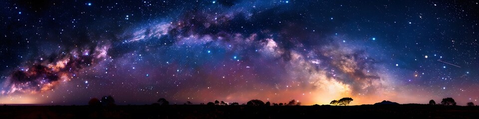 Fototapeta premium Panoramic astrophotography of visible Milky Way galaxy. Stars, nebula and stardust at night sky