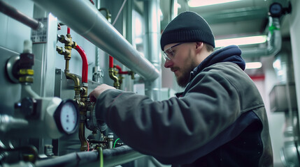 A man in a black jacket is working on a pipe. He is wearing a black hat and glasses