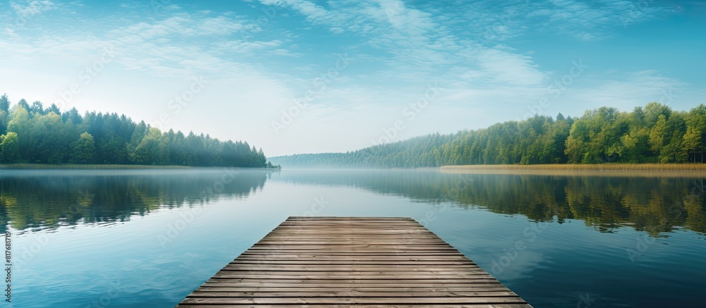 Poster a serene lake with a wooden dock at the end surrounded by a peaceful walkway perfectly captured in t