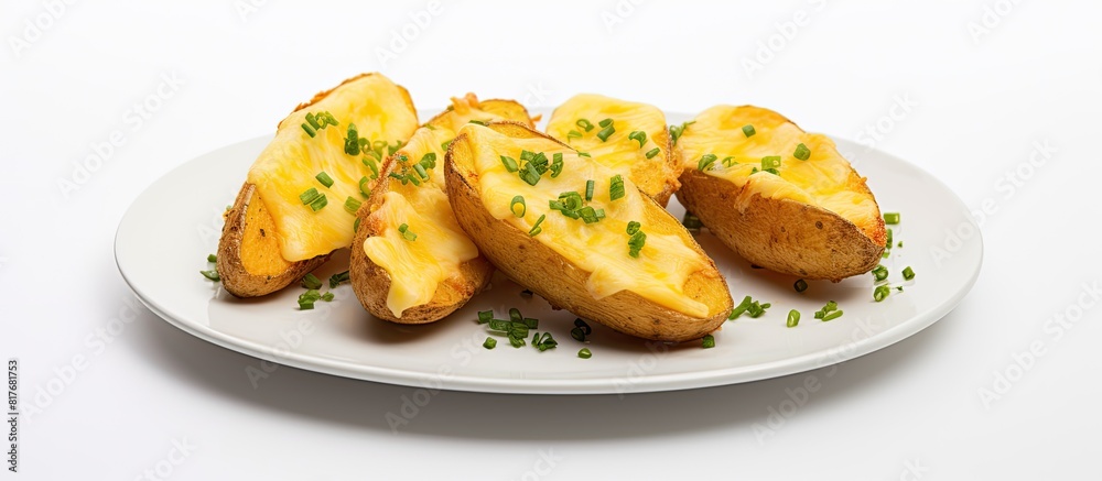 Poster a copy space image of cheezy wedges which are baked potatoes topped with cheese placed on a white ta