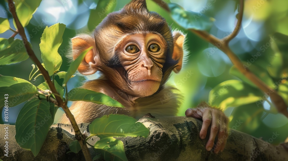 Poster a monkey perched on a tree branch, suitable for nature and wildlife themes