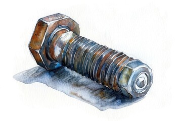Detailed watercolor painting of a bolt on paper. Suitable for industrial and construction themes