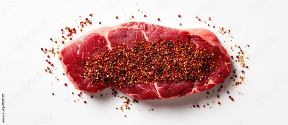 Fototapete top view of a delicious raw beef steak covered in spices isolated on a white background perfect for 