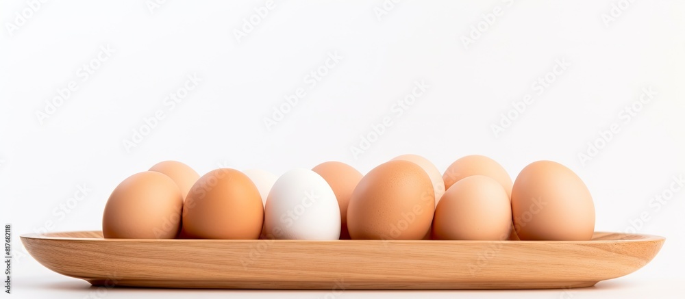 Aufkleber A wooden plate on a white background holds fresh eggs and their empty shells creating a visually pleasing copy space image