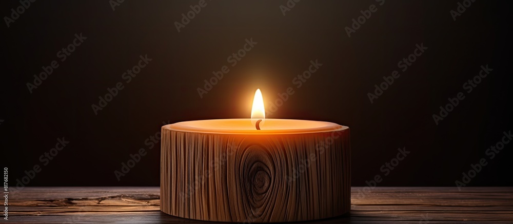 Poster A wooden top with a lit candle on it creating a warm and cozy ambiance A copy space image to be used in various settings