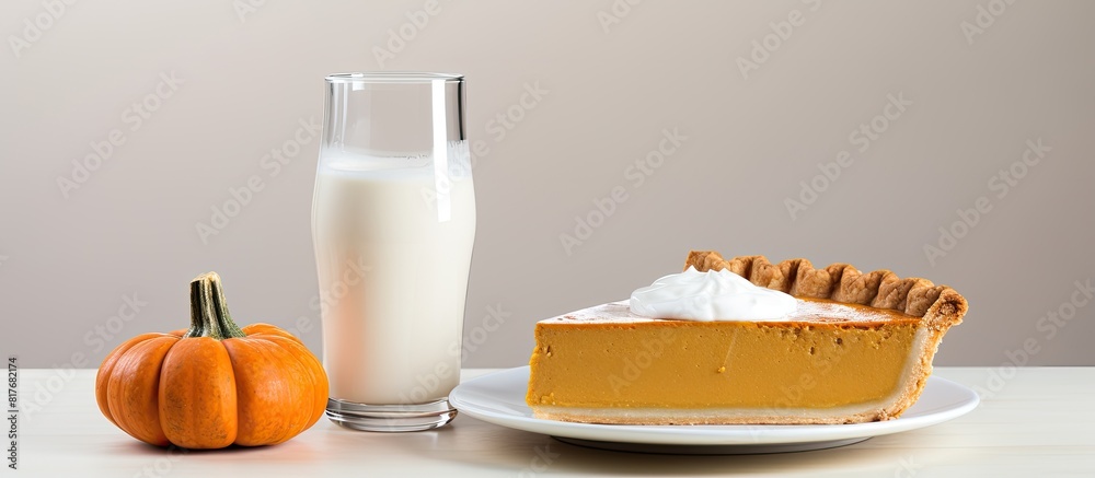 Poster Copy space image of a delectable pumpkin pie with a side of milk showcased on a light background providing ample room for text