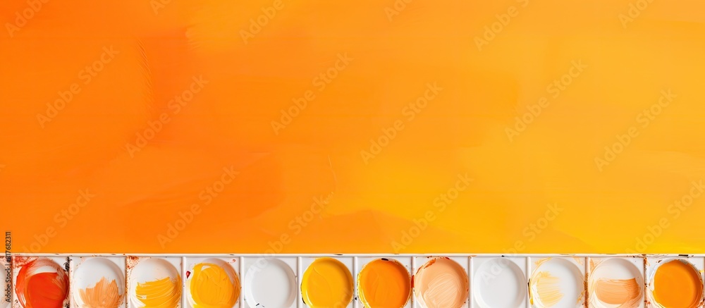 Poster Top view of watercolor paints on an orange background Copy space image for adding text