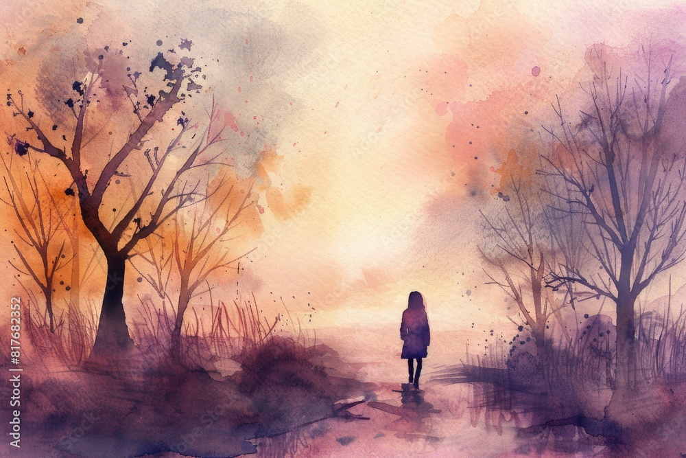 Poster a person standing alone in a forest, suitable for nature or solitude concepts