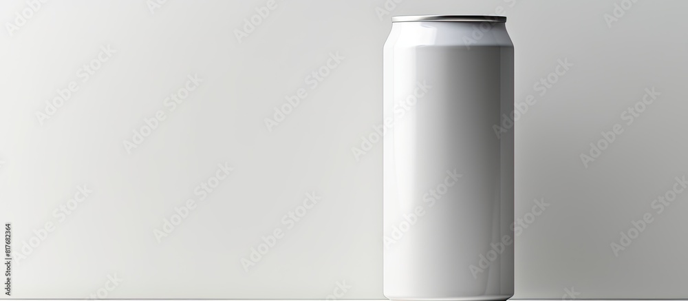Poster Closeup of a white can of energy drink on a light grey background with ample space for text