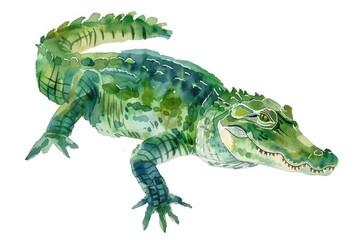 Fototapeta premium Detailed watercolor painting of a green alligator. Suitable for educational materials or wildlife publications