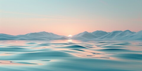 The sun sets over a lake with towering icebergs in the background