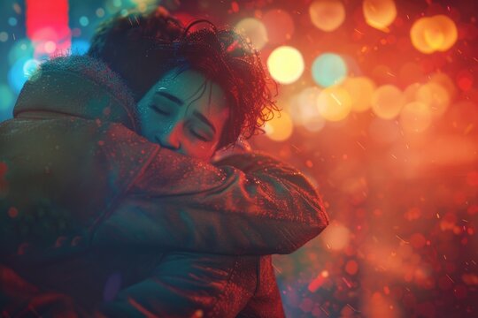 Romantic scene of a man hugging a woman in the rain, perfect for illustrating love and affection in difficult times