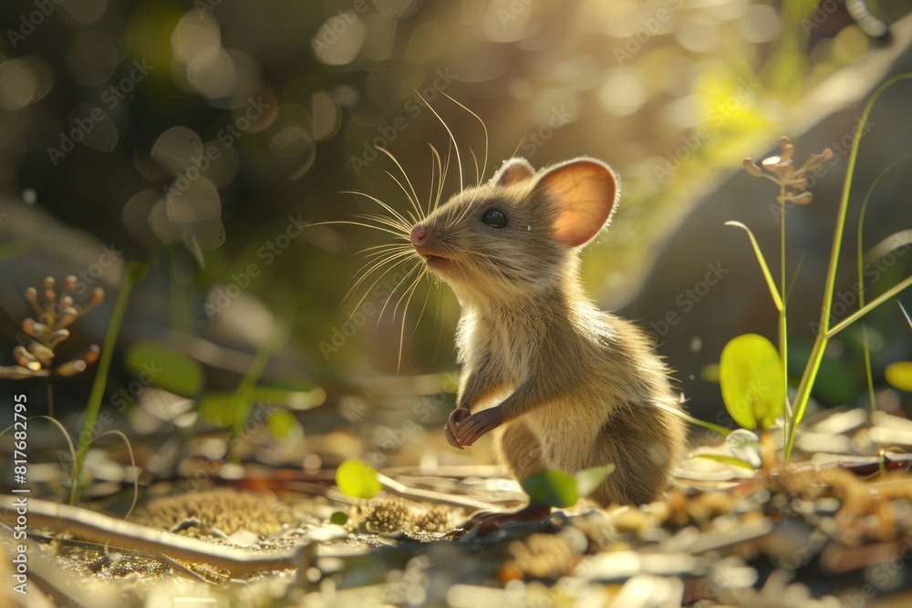 Poster A small mouse standing on its hind legs. Suitable for various projects.