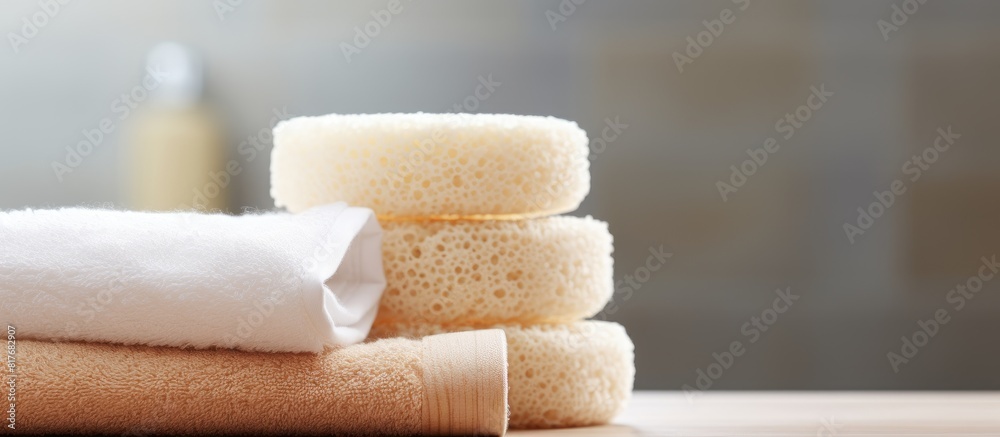 Poster A closeup image of natural loofah sponges and towels on a table in a bathroom with space available for text. Creative banner. Copyspace image