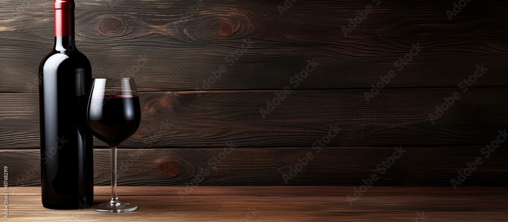 Poster A red wine bottle featuring a black label is placed on a wooden table serving as a perfect copy space image