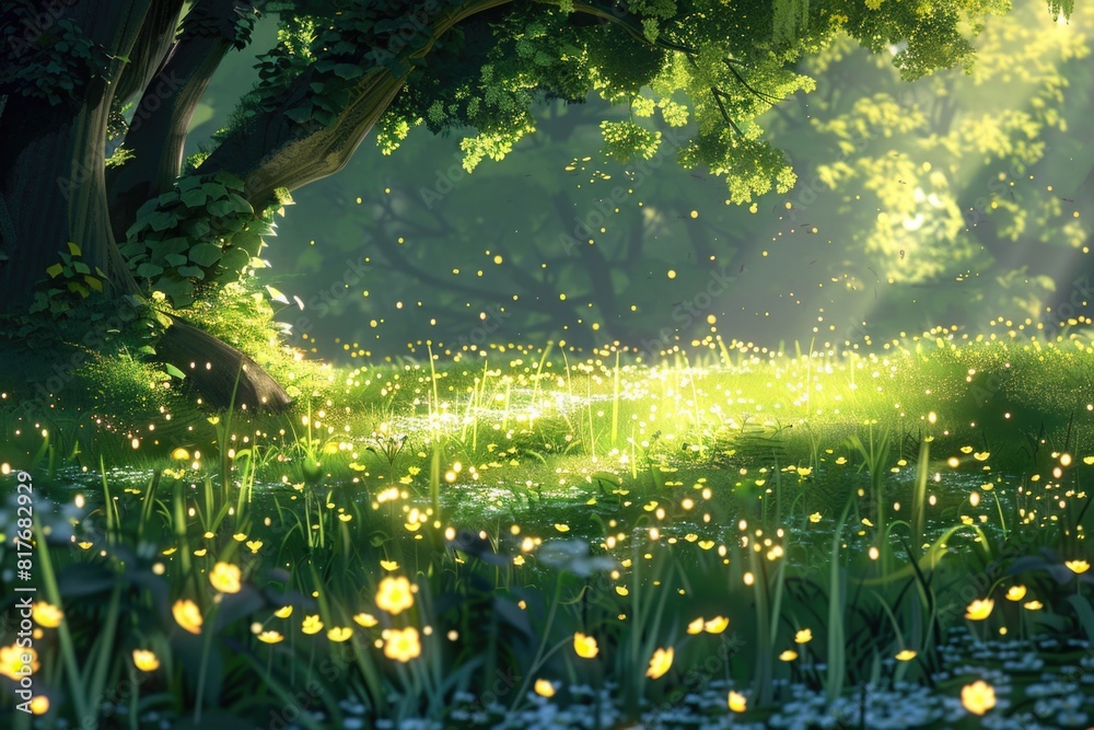 Poster beautiful field of grass and flowers with a tree in the background. perfect for nature and outdoor c