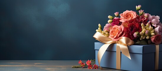 A vintage style gift box adorned with colorful flowers providing ample copy space for your creative needs