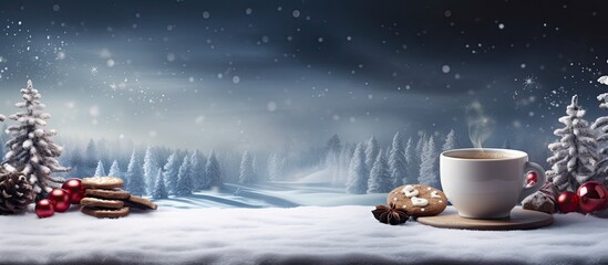 A festive holiday scene comprising of cookies and hot chocolate The background offers ample copy space for adding text